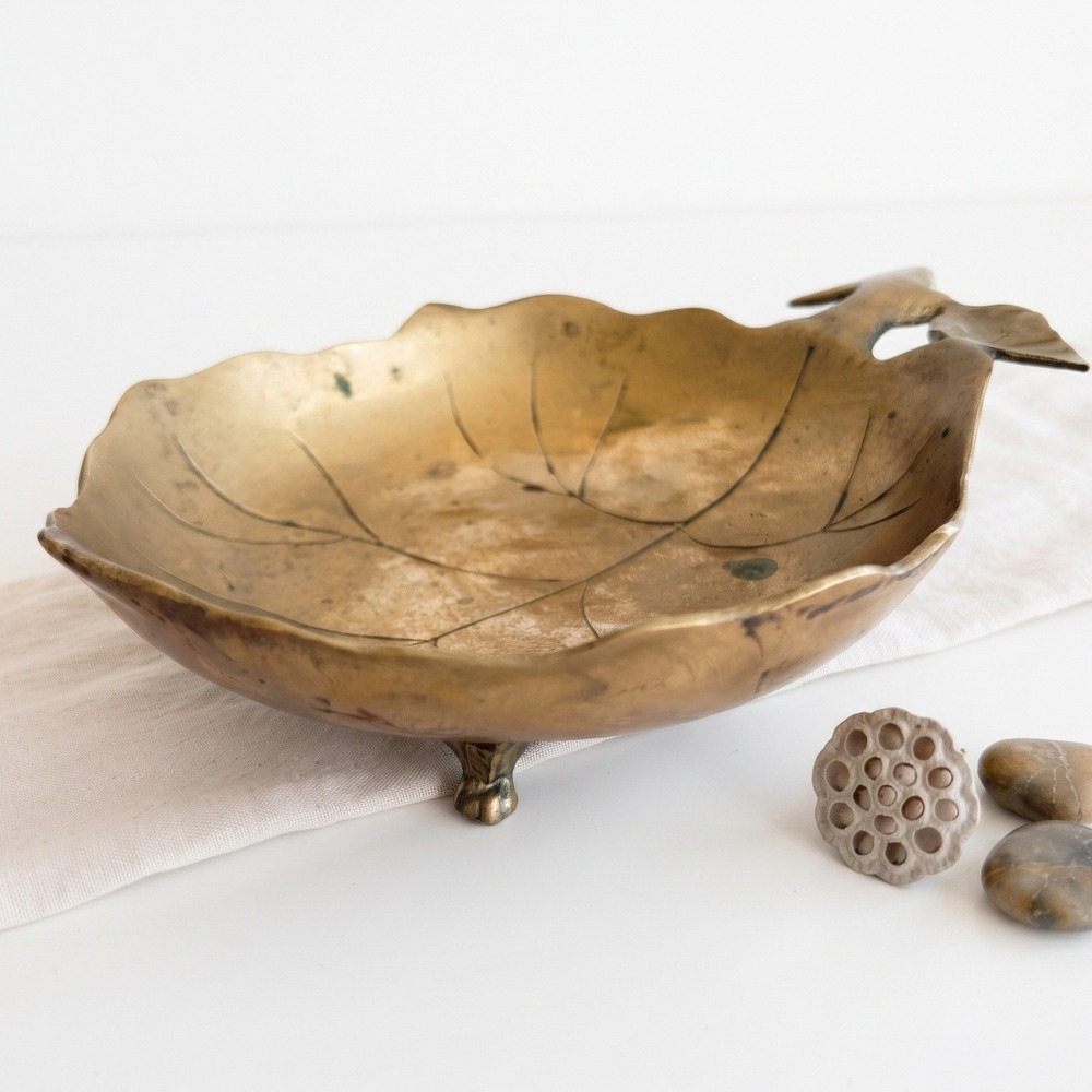 Vintage Solid Brass Footed Leaf Bowl Etched Catchall Dish with Stem Handle